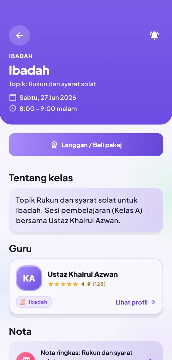 Butiran kelas dengan rakaman dan nota