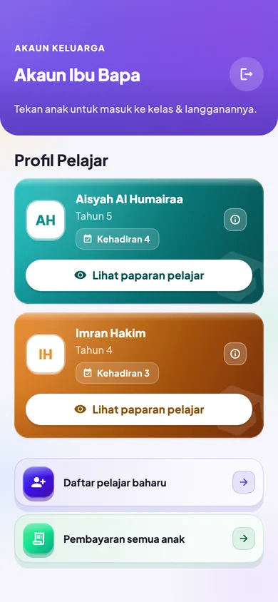 Dashboard ibu bapa dengan beberapa anak dalam app KAFA Boost
